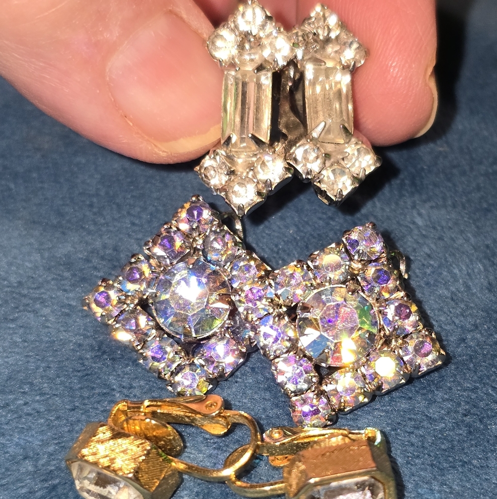 Vintage Elegant Purple and Silver & Crystal Earrings 3 Pairs Clip Ons